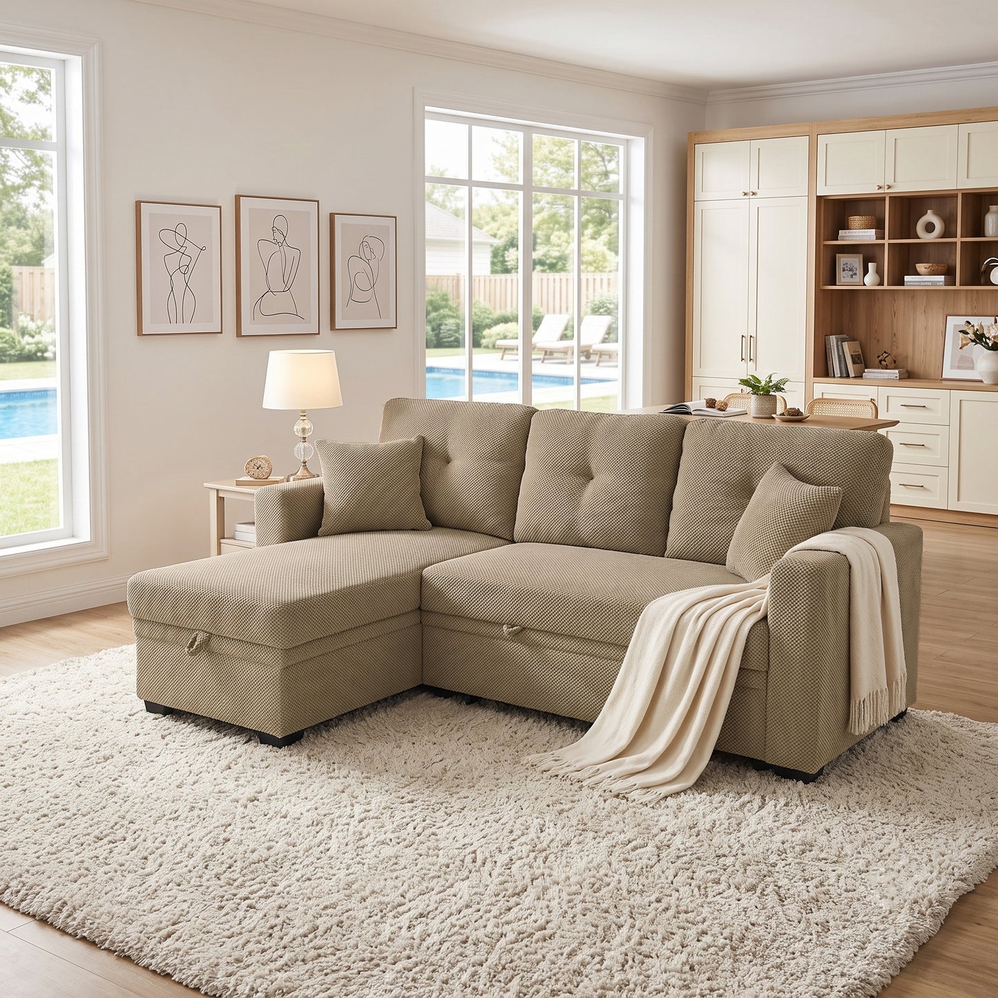 Reversible Chaise Sectional Sofa Bed with Storage - Camel