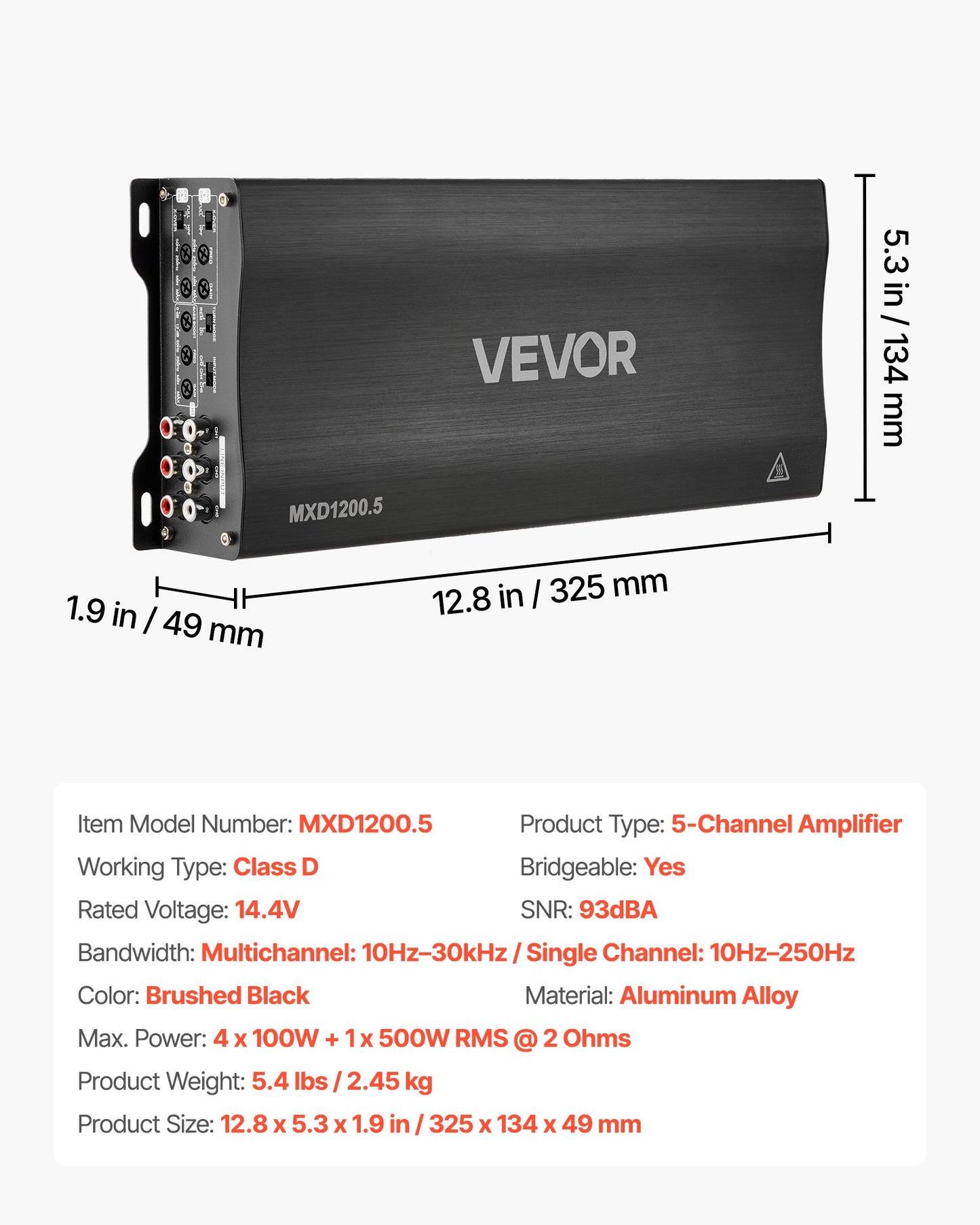 5-Channel Car Audio Amplifier with Bridgeable Subwoofer Output - 200W x 4 + 1000W