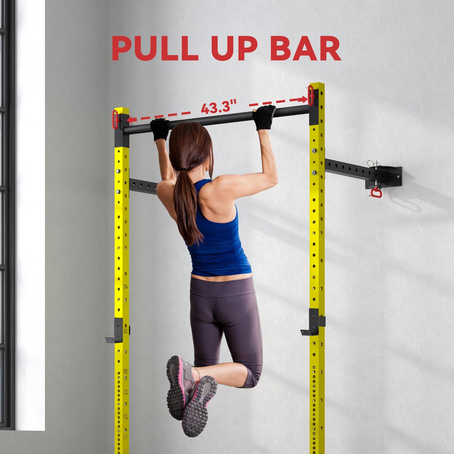 Adjustable Wall-Mounted Folding Squat Rack with Pull-Up Bar - Yellow