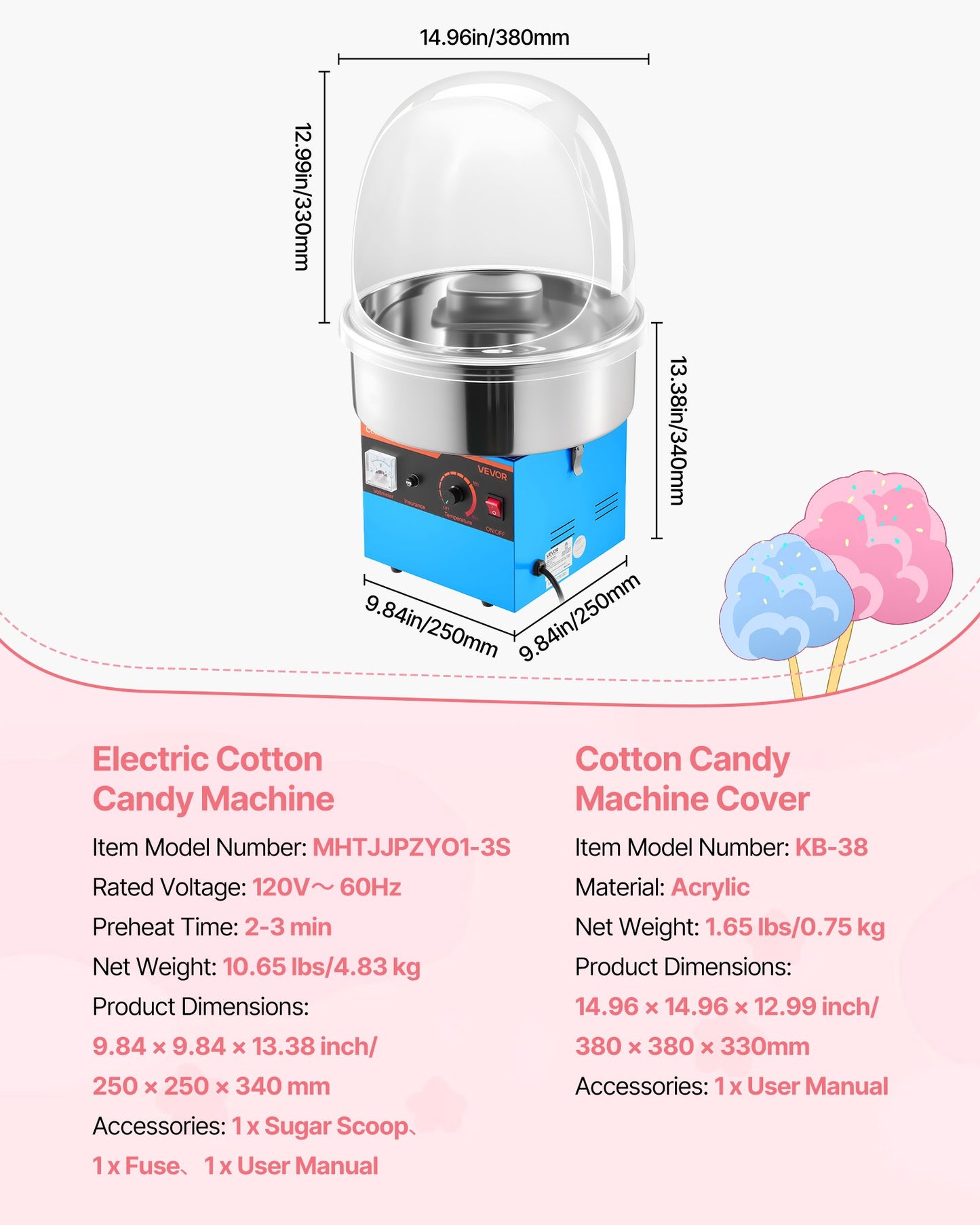 Electric Cotton Candy Machine 1000W with Cover & Stainless Steel Bowl - Blue