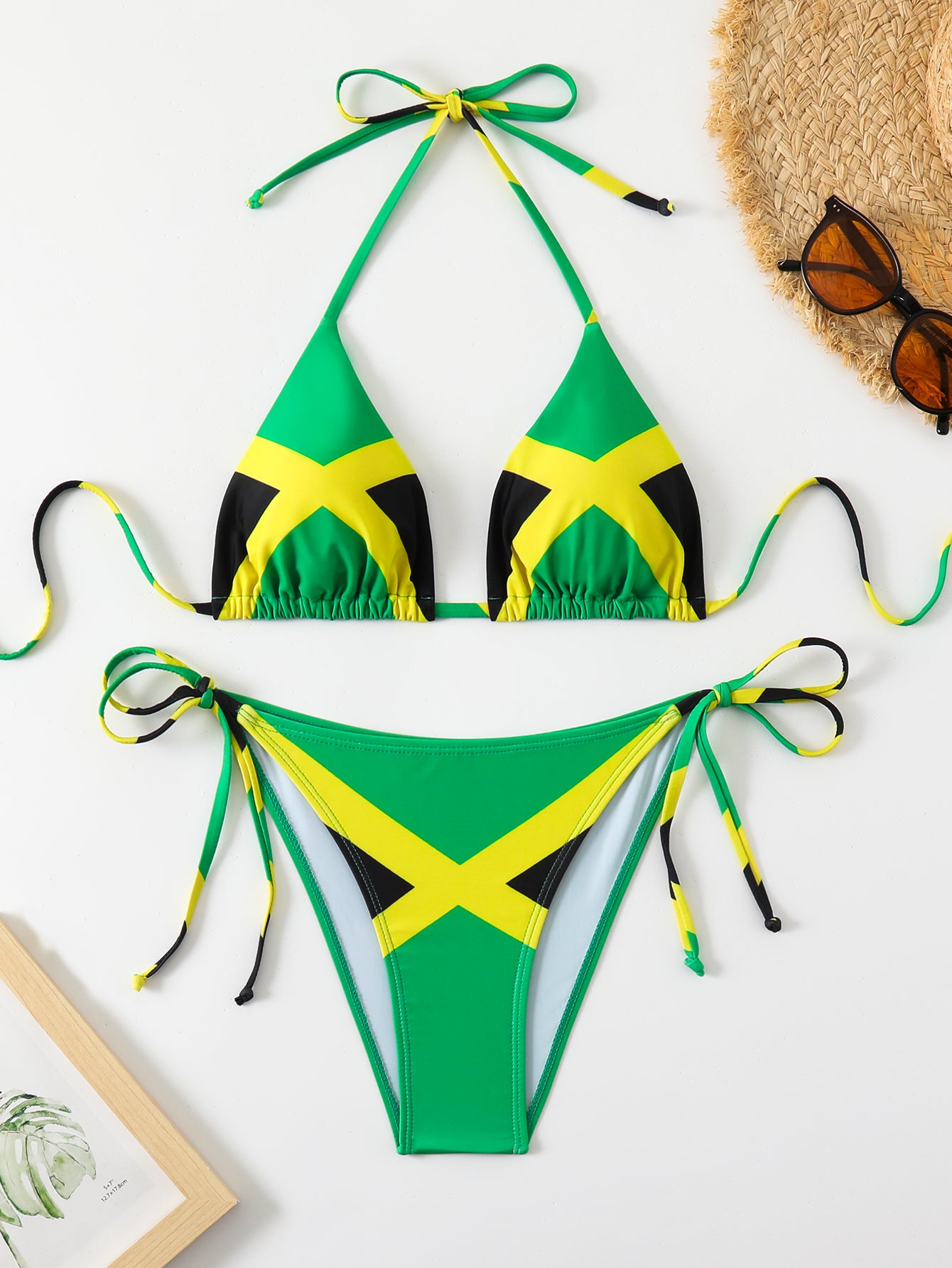 Jamaica Flag Print Triangle Bikini Set - Halter & High Cut Bottom