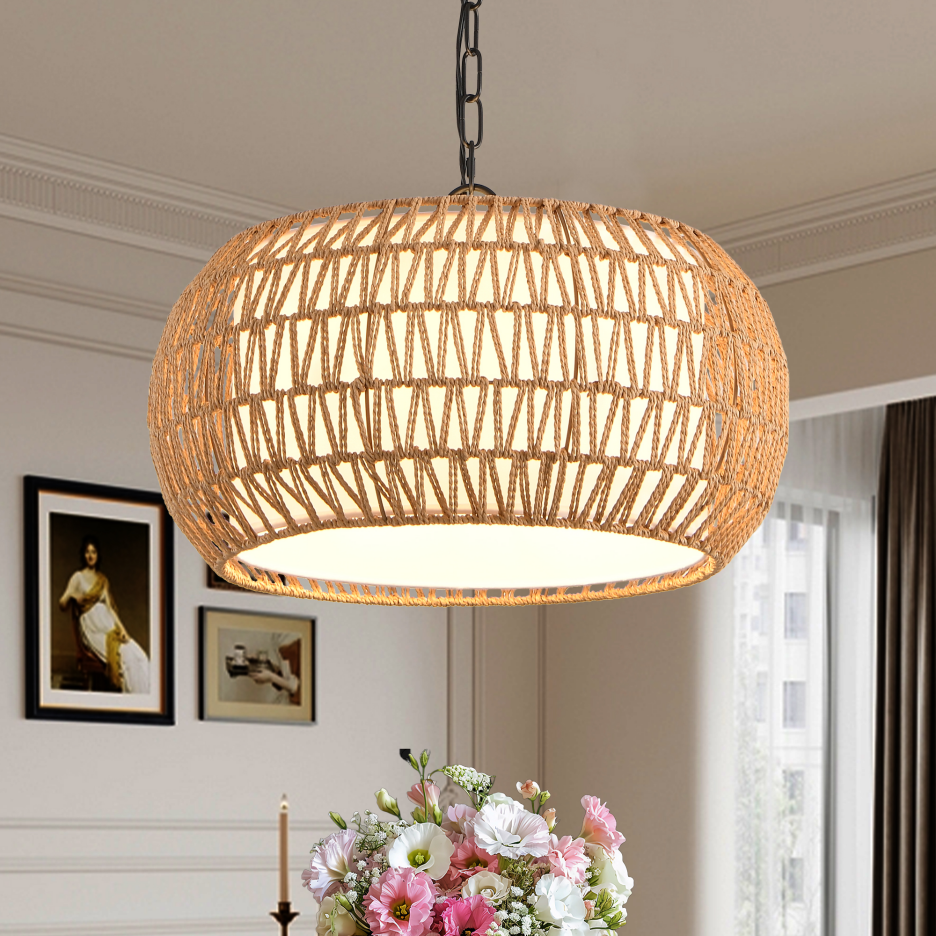 18-Inch Farmhouse Pendant Light with Adjustable Height - Boho Woven Jute Rope Ceiling Fixture, E26 Base
