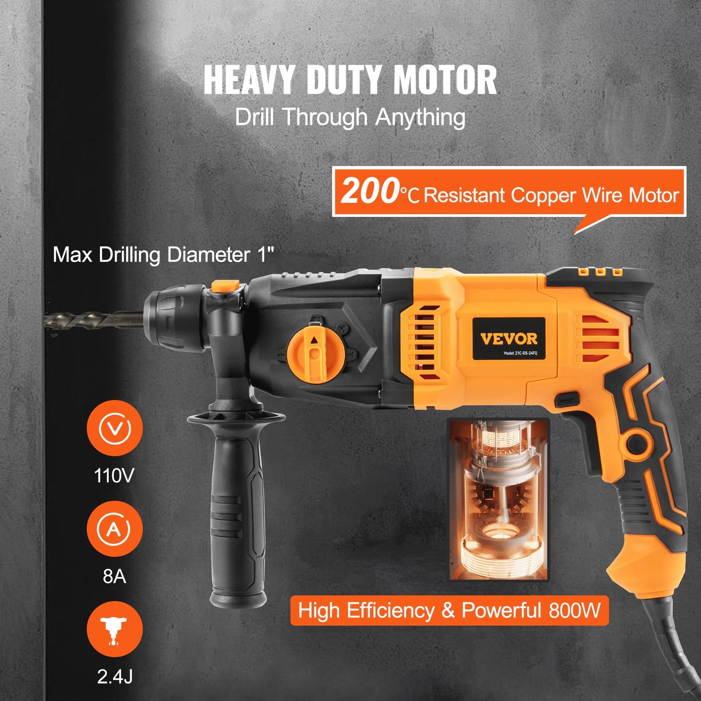 Corded Rotary Hammer Drill 4-Mode SDS-Plus Chipping Hammers - Yellow