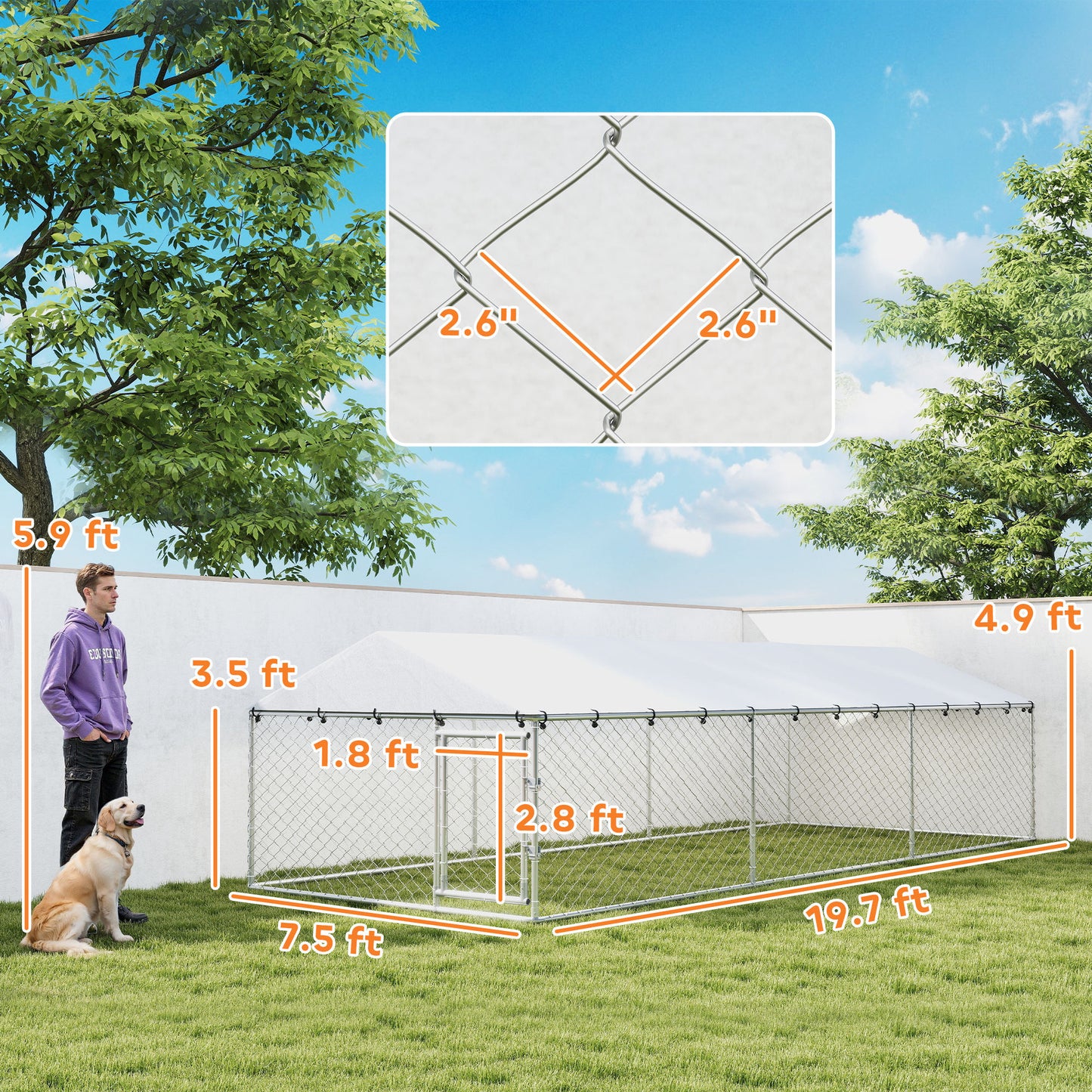 Outdoor Dog Kennel Large Animal Cage with Waterproof Roof - Silver, 1860x415x160 mm
