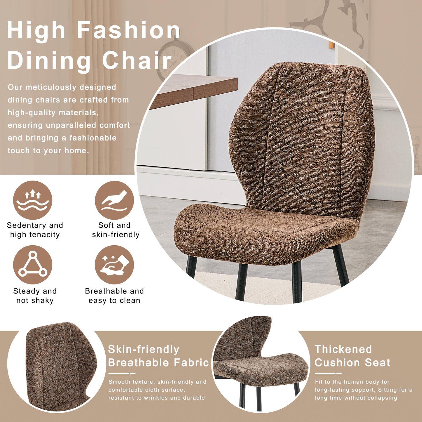Set of 4 Retro Minimalist Brown Fabric Dining Chairs - Black Metal Legs