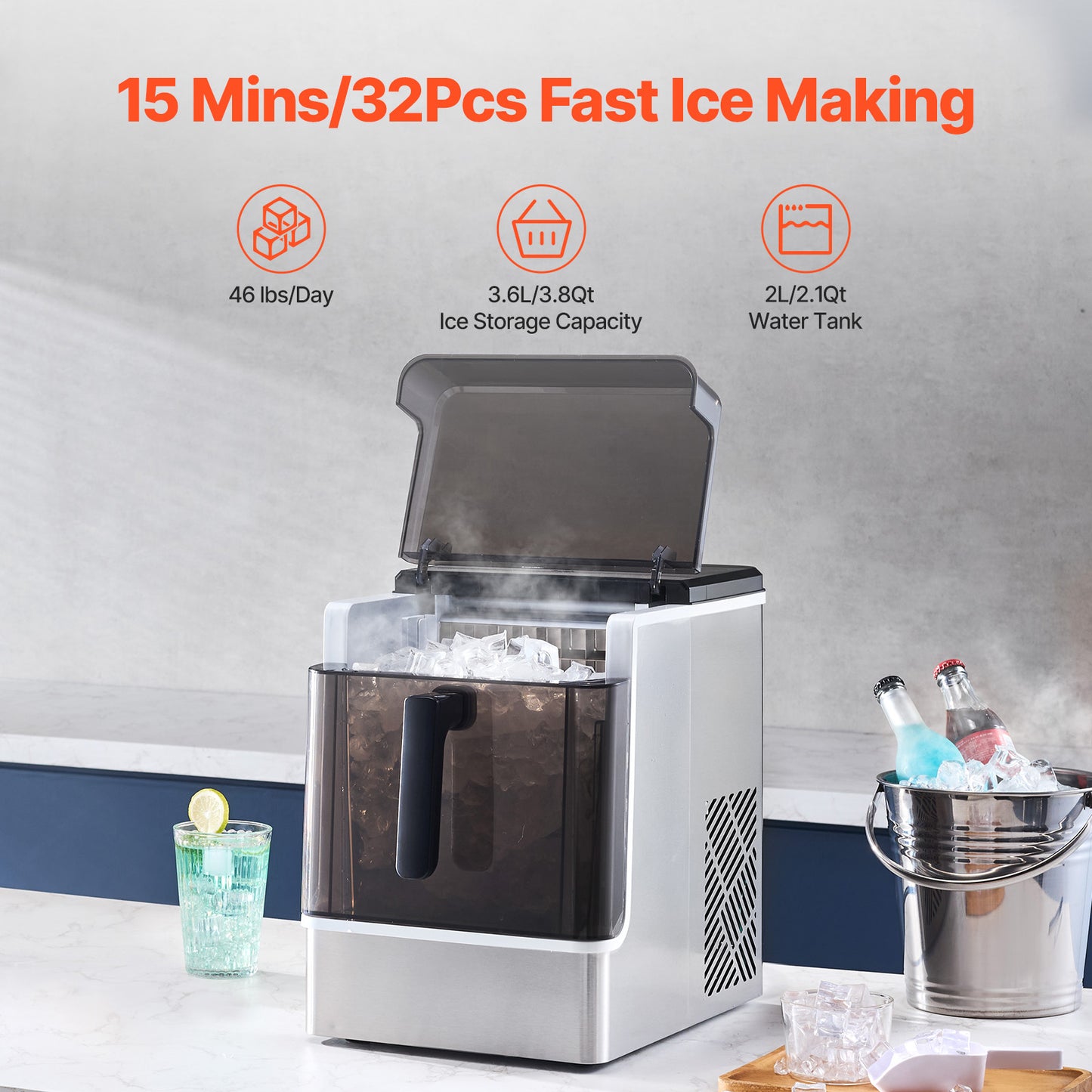 Portable Countertop Ice Maker with 3 Cube Sizes, 32 Cubes in 15 Mins, Self-Cleaning