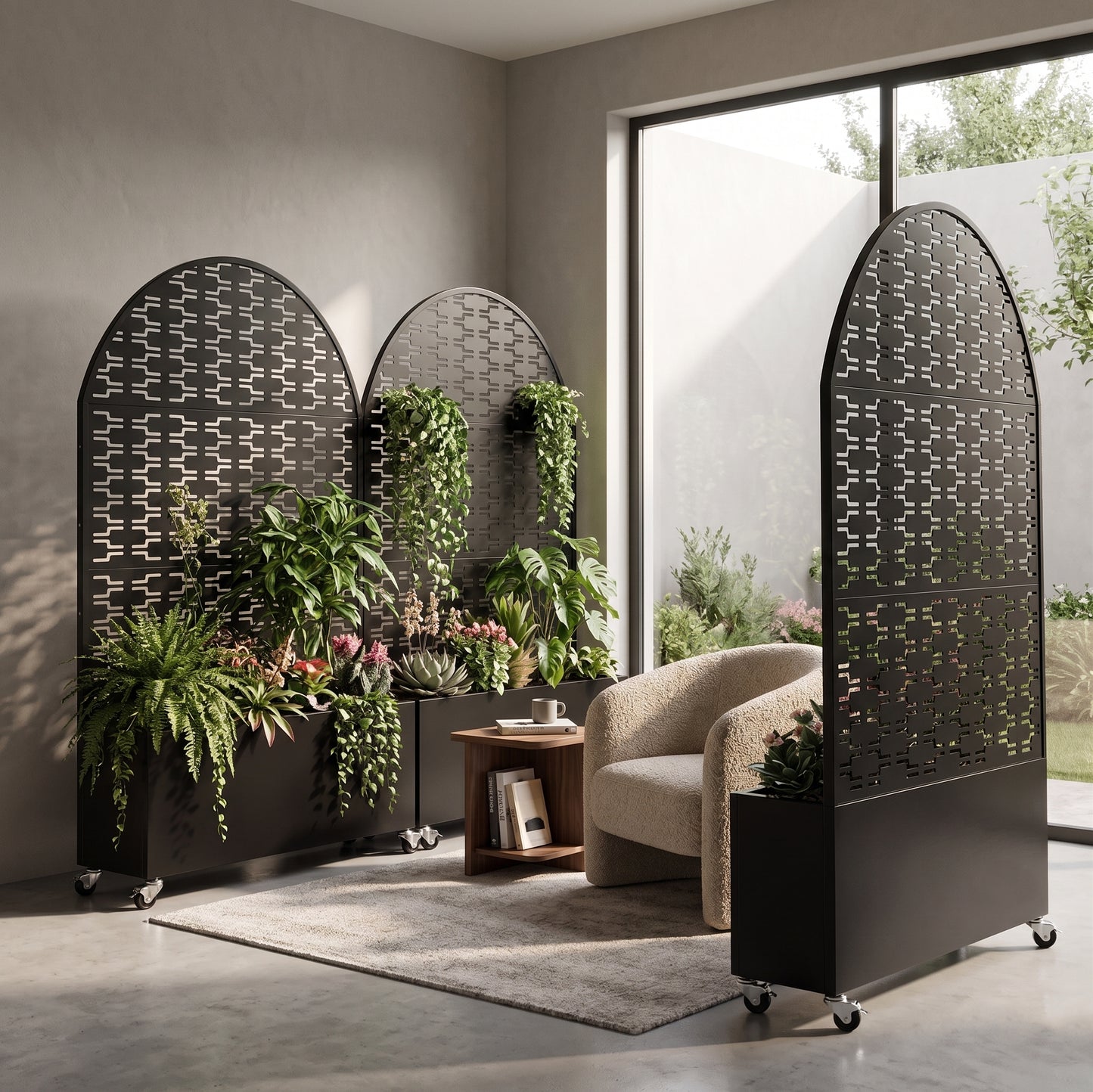 Arched Decorative Privacy Screen with Planter Box - Black