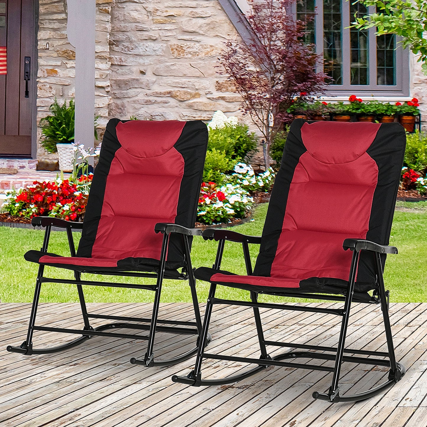 2-Piece Outdoor Patio Furniture Set with Folding Rocking Chairs - Red