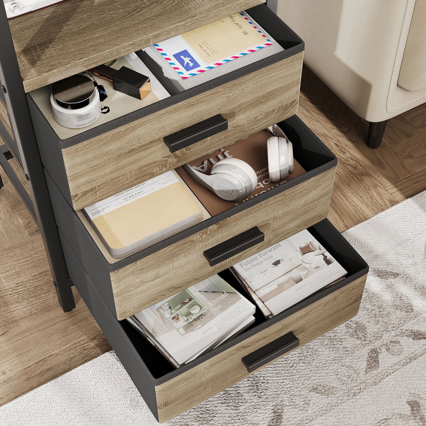 Nightstand with Charging Station and Fabric Drawers - Bedside End Table