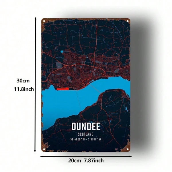 Dundee City Map Metal Sign - Rustic Wall Art Decor 8x12 Inch