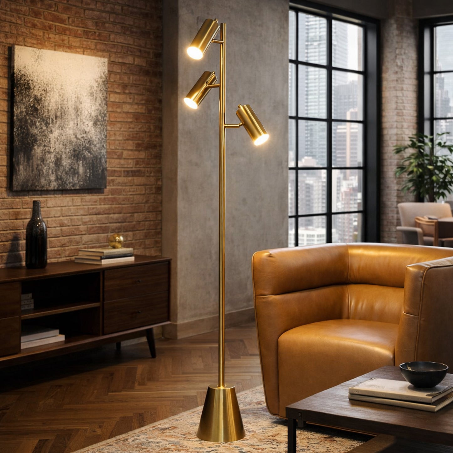 Lumina Brassed Gold Floor Lamp With Rotary Triple Spots Metal Cone