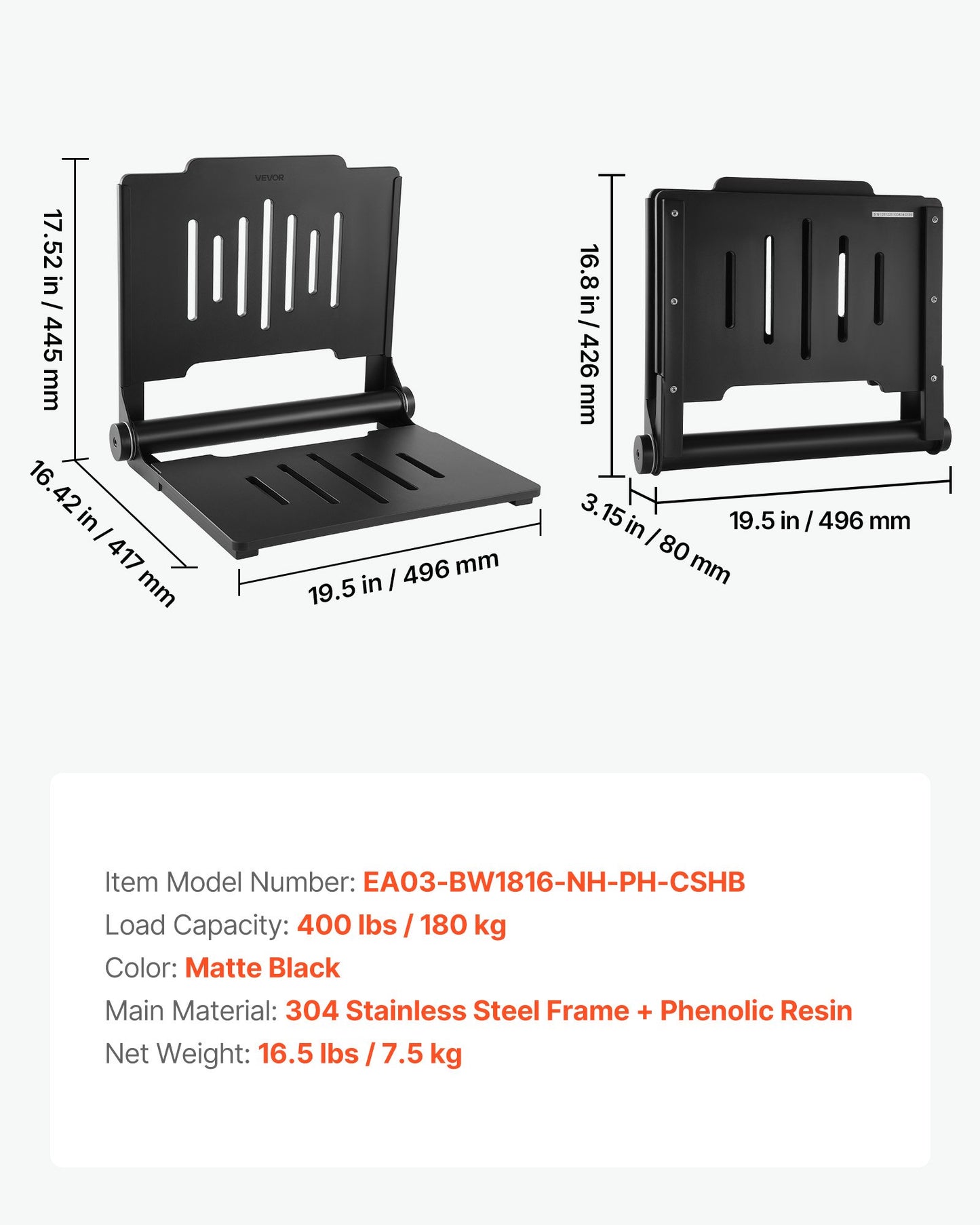 Foldable Wall-Mounted Shower Seat with Backrest – Supports 400 lbs, Space-Saving Bathroom Bench