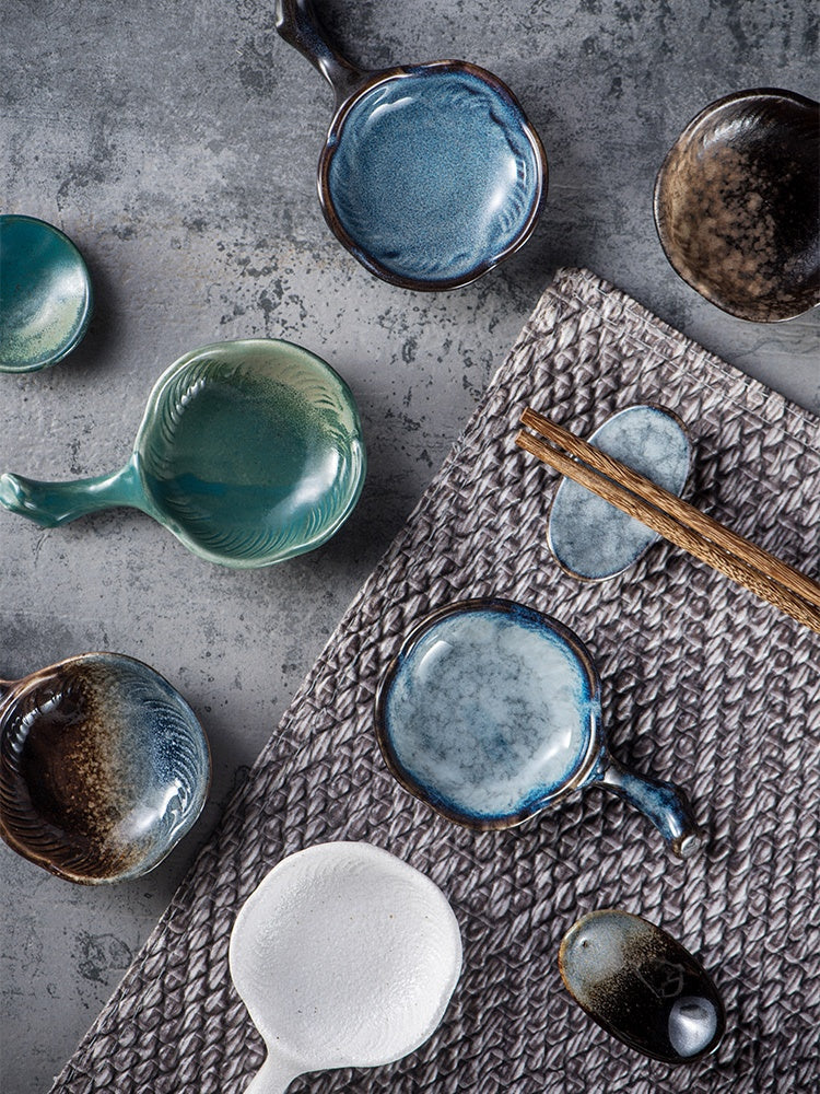 Ceramic Sauce Dipping Dish with Handles - Japanese Retro Style, Various Colors