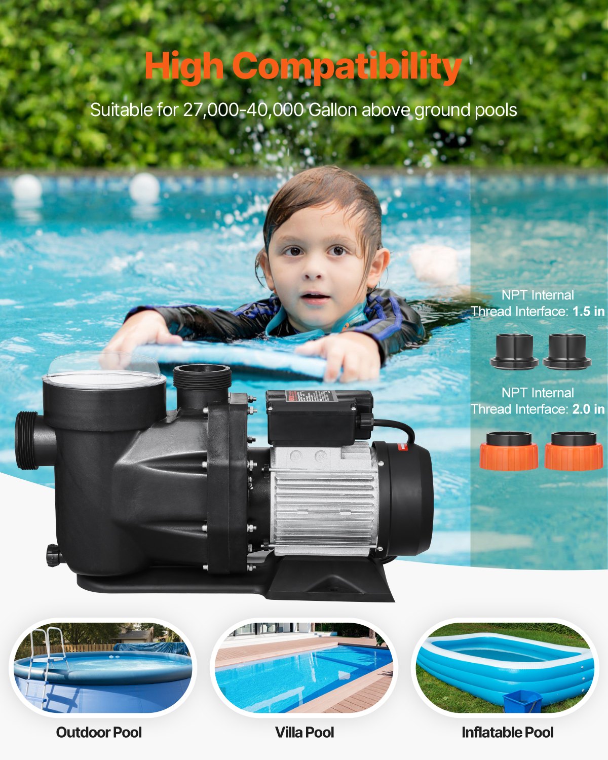 3 HP Above Ground Pool Pump 149 GPM Single Speed 220V Black