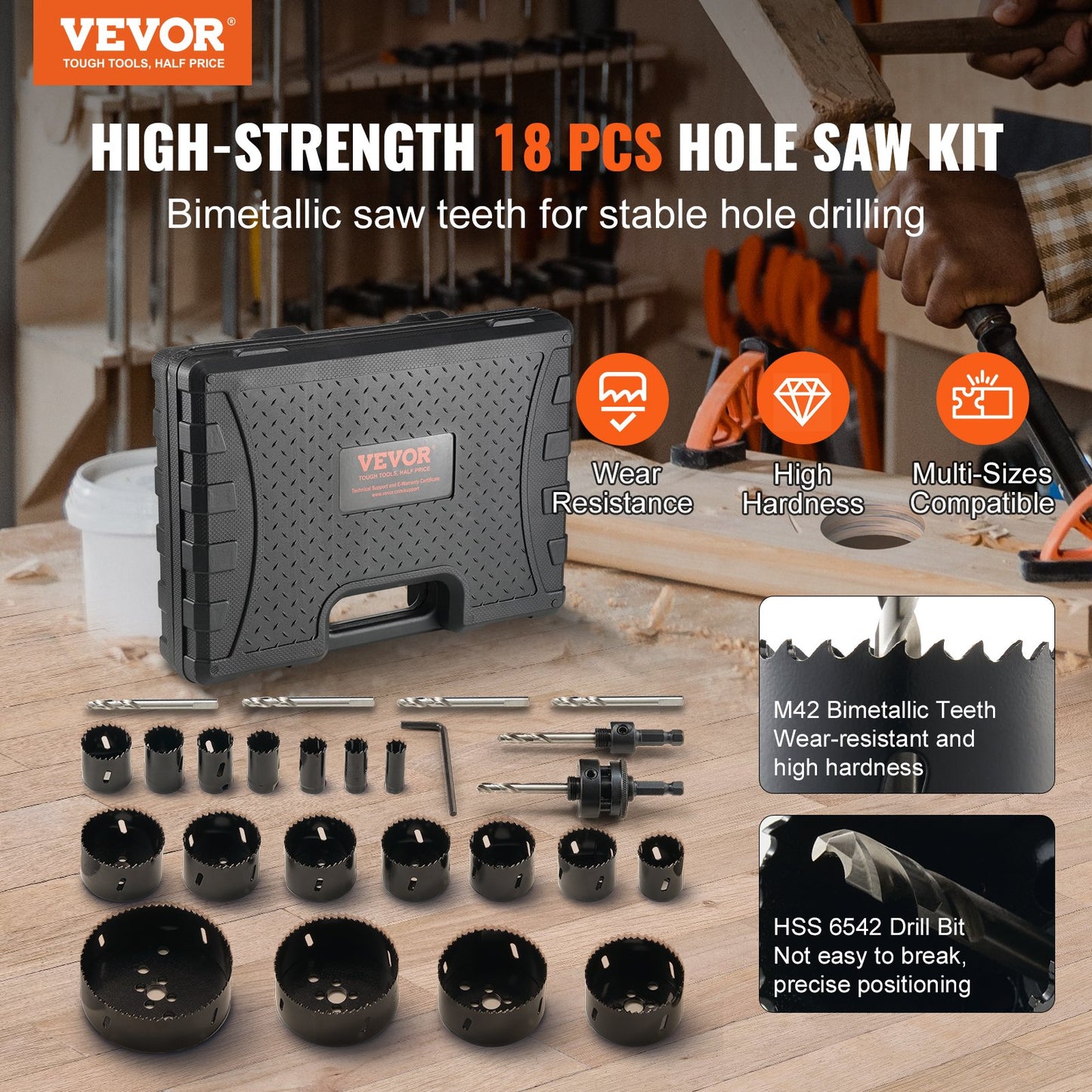 18-Piece Hole Saw Kit with Bi-Metal Blades for Wood, Plastic & Metal - Black