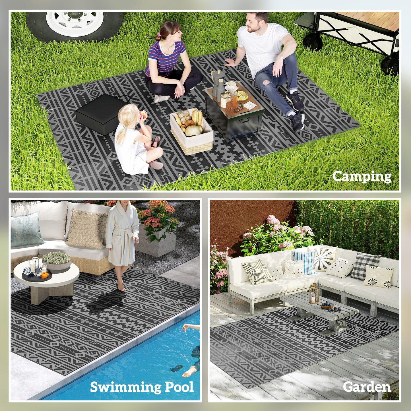 Reversible Outdoor Rug - Waterproof Polypropylene, 6' x 9', Black & Gray Geometric
