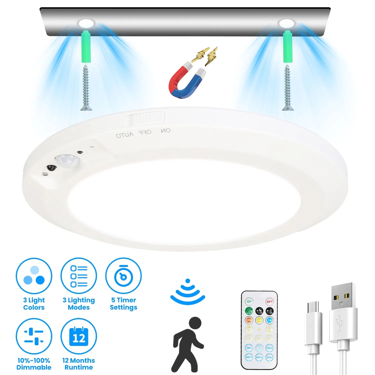 Rechargeable Magnetic Ceiling Light with Motion Sensor and Remote Control — Dimmable, 3 Color Temperatures