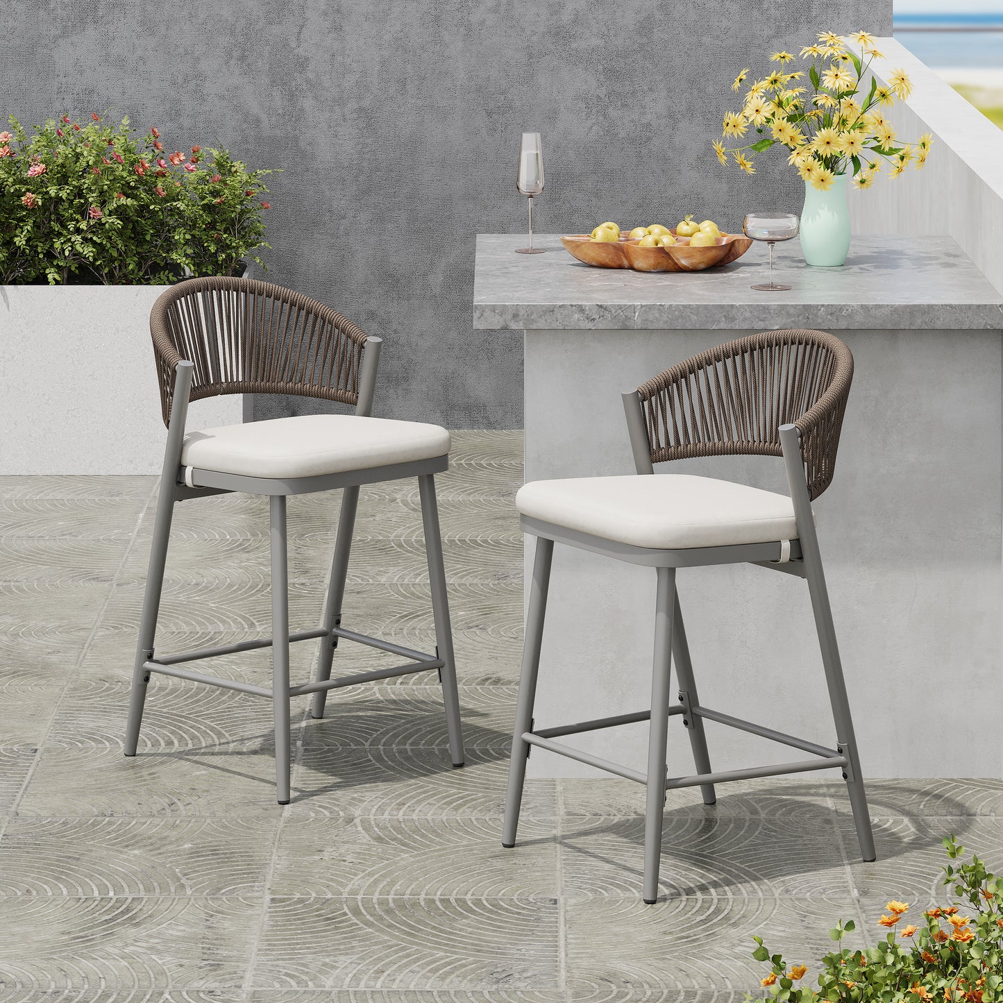 Outdoor 26 Seat Height Metal Frame Counter Stools With PE Rattan