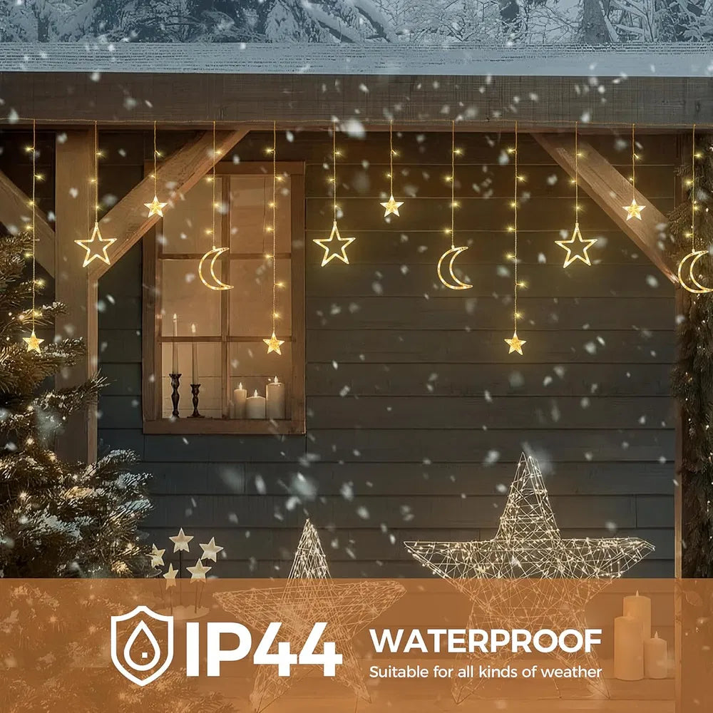 Solar Icicle Lights - Waterproof Moons Stars Curtain String with Remote