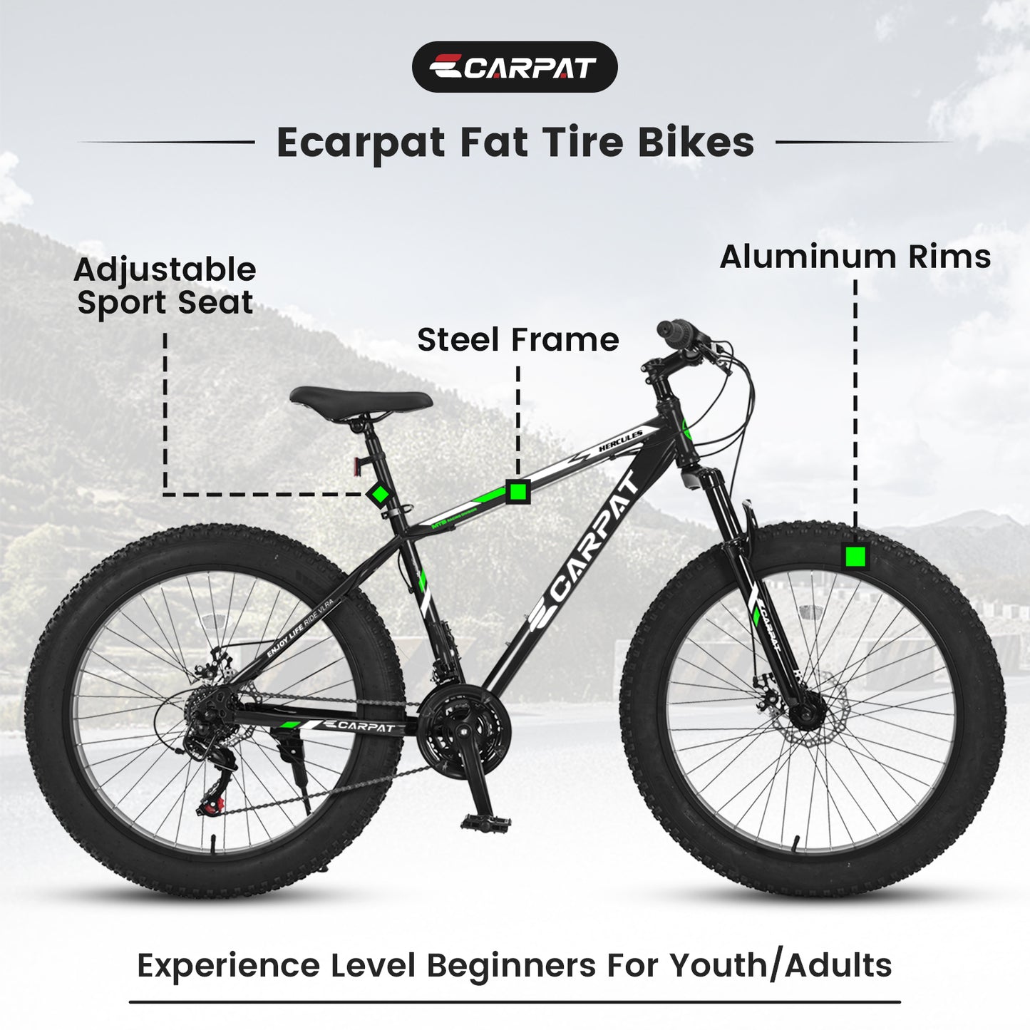 26 Inch Fat Tire Mountain Bike - Full Shimano 21 Speed, Dual Disc Brakes