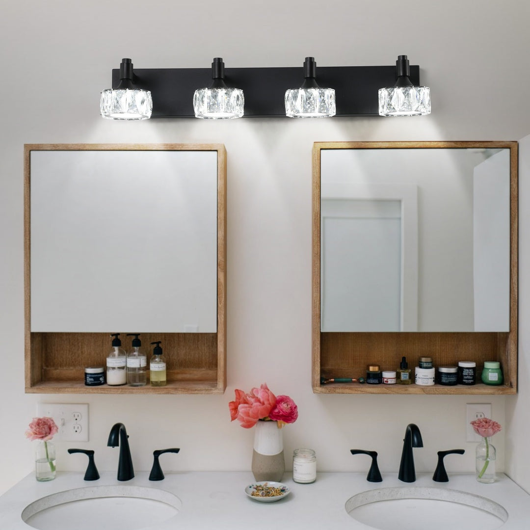 4-Light Matte Black LED Vanity Light Fixture with Crystal Shades
