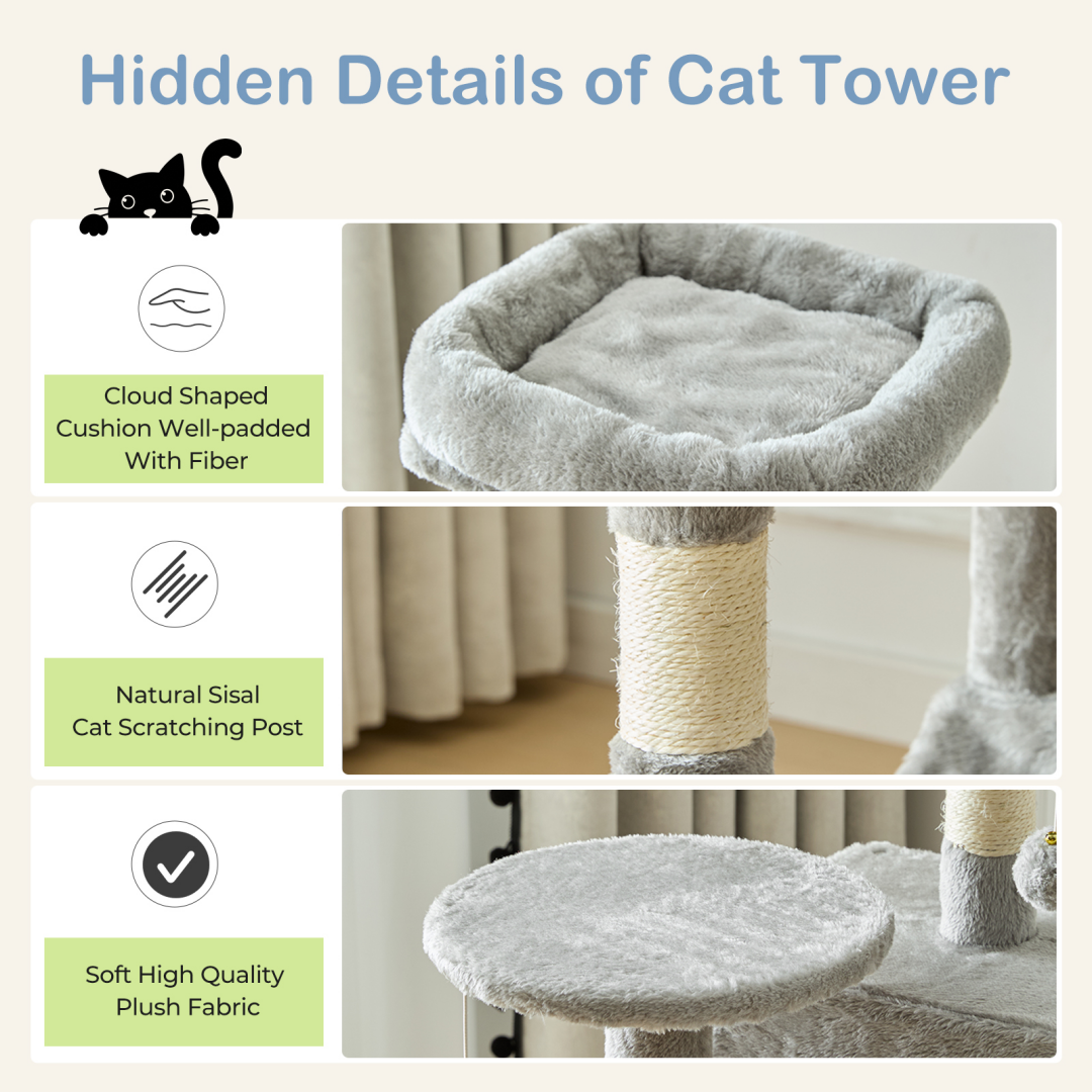 44-Inch Multi-Level Cat Tree Tower with Scratching Posts, Platforms & Hammock
