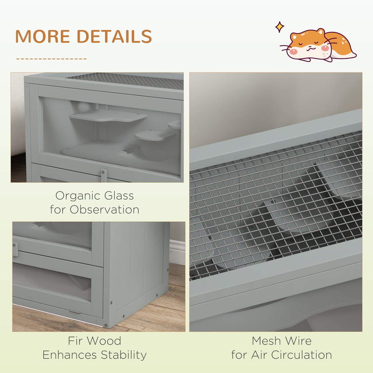 2-Level Hamster Cage with Openable Roof and Shelves - Gray, 660x160x455 mm