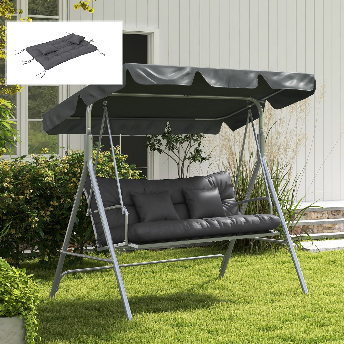 59" Tufted Outdoor Bench Cushion Set with Pillows - Charcoal Gray