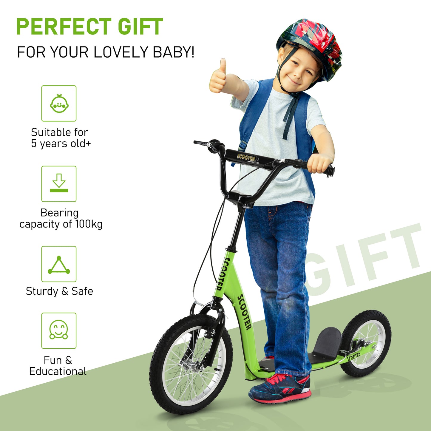 Youth Scooter with Adjustable Handlebar, Dual Brakes & Inflatable Wheels - Green