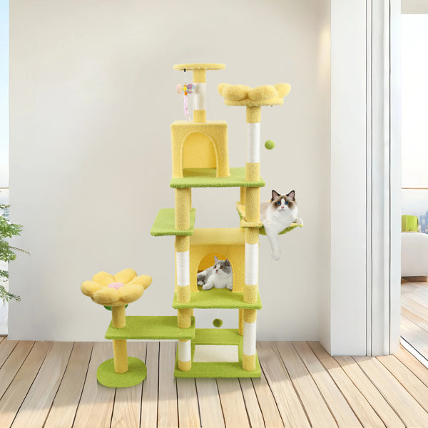 71 Inch Cat Tree with Large Condo Flower Cushion & Hammock - Yellow
