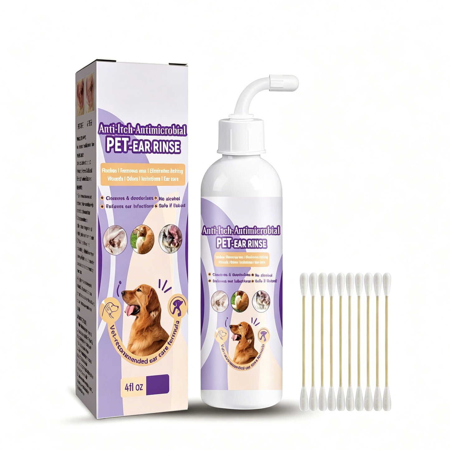 Pet Ear Rinse Cleaner 118ml with Cotton Swabs, Gentle Antimicrobial Ear Wash for Dogs Cats