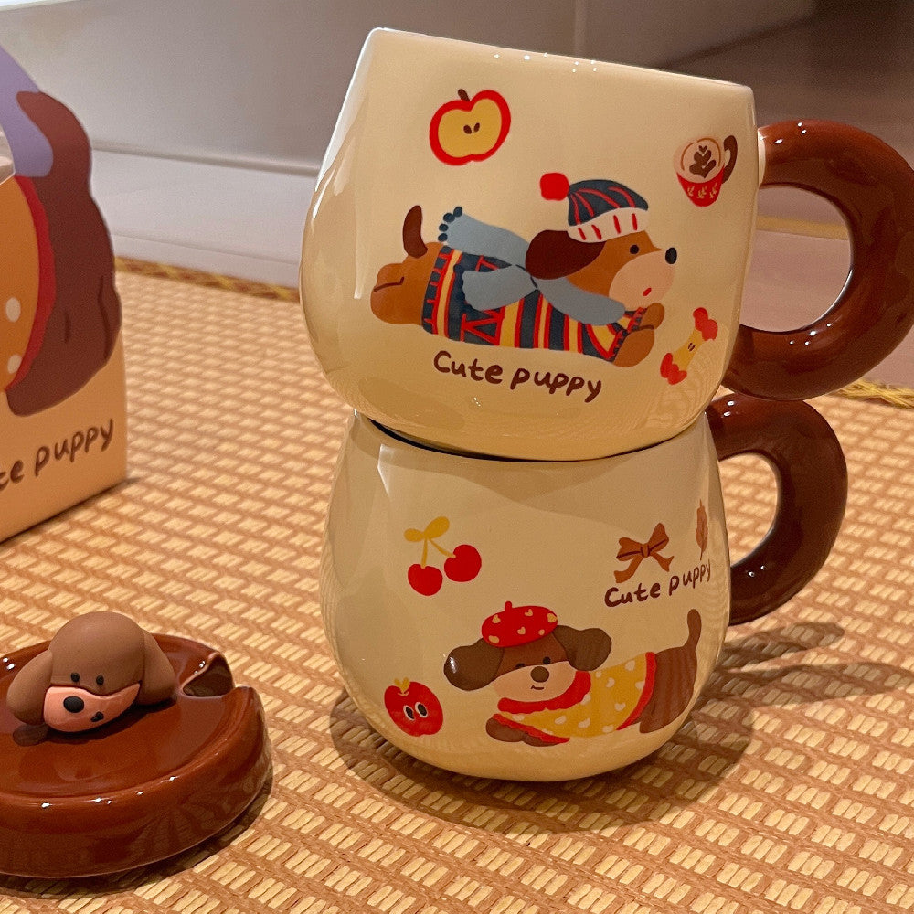 Cartoon Sausage Dog Mug with Lid and Spoon - Ceramic Water Cup, 350ML