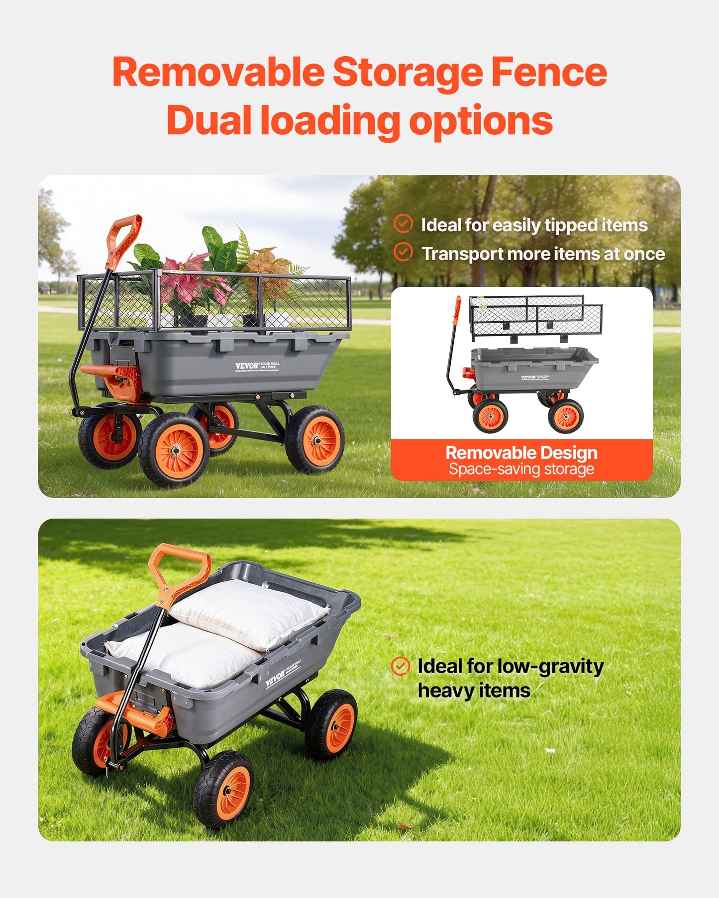 Garden Dump Cart 800Lb Capacity with Quick-Dump Mechanism and Swivel Wheels