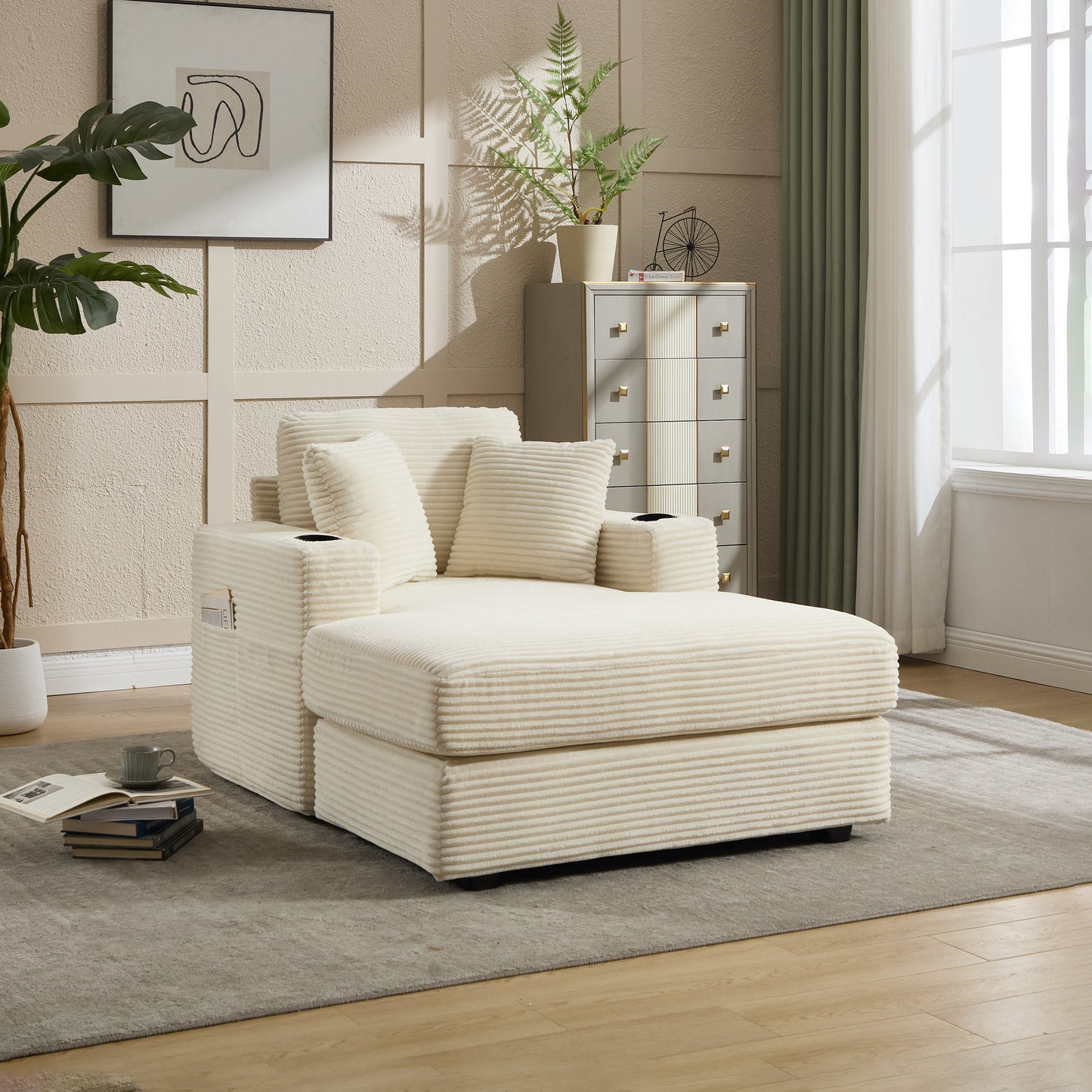 Beige Corduroy Chaise Lounge Sofa with Detachable Cushions