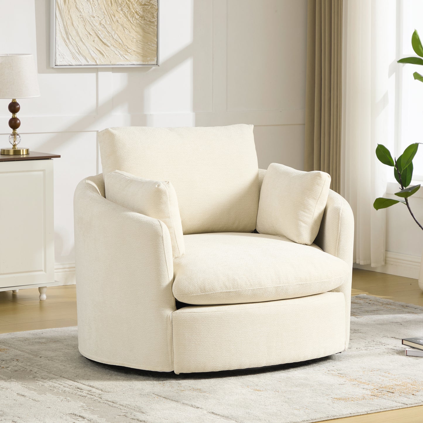 360° Swivel Barrel Chair with Chenille Fabric & 3 Pillows - Beige