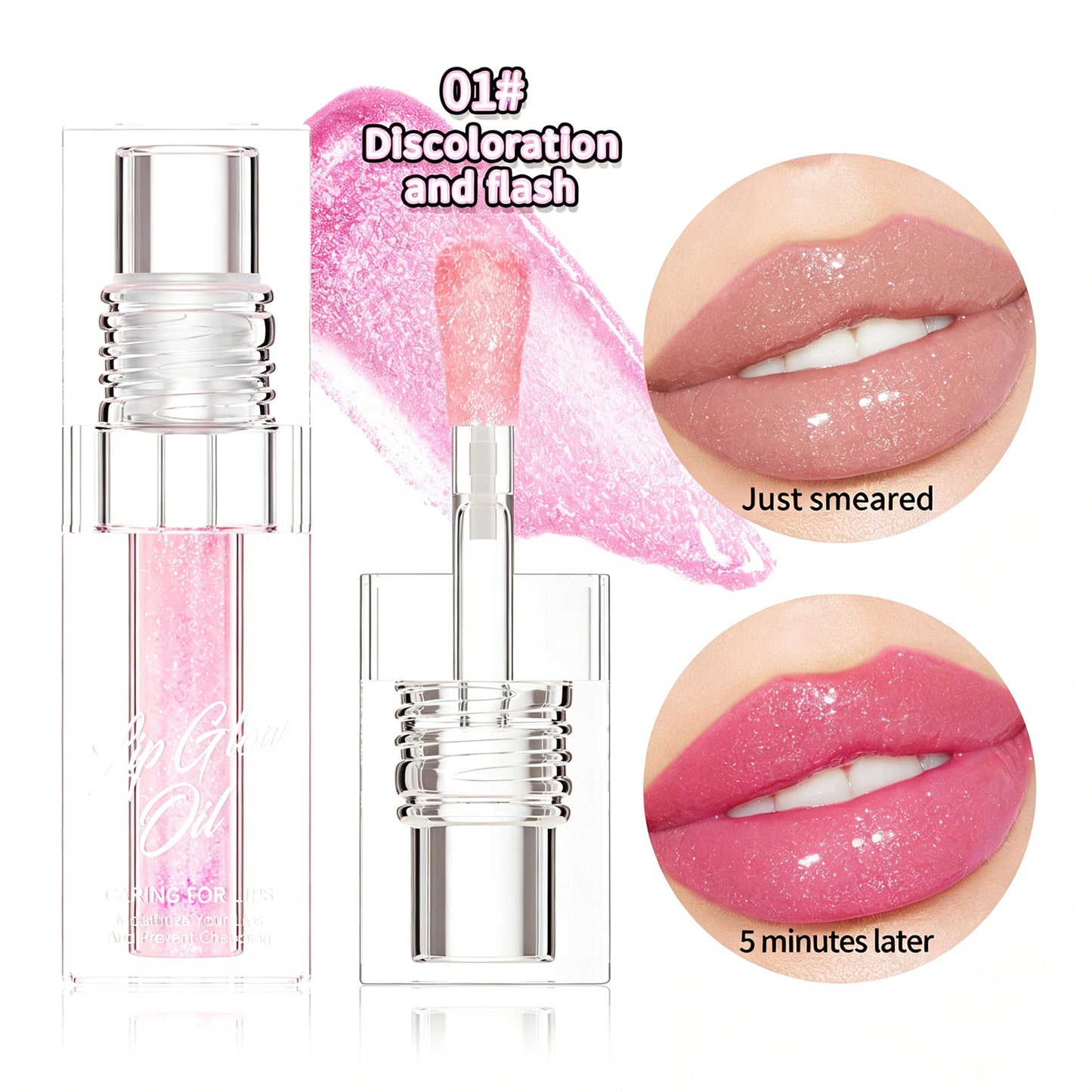pH Reactive Color-Changing Lip Glow Oil - Glitter Pink Plumping Gloss