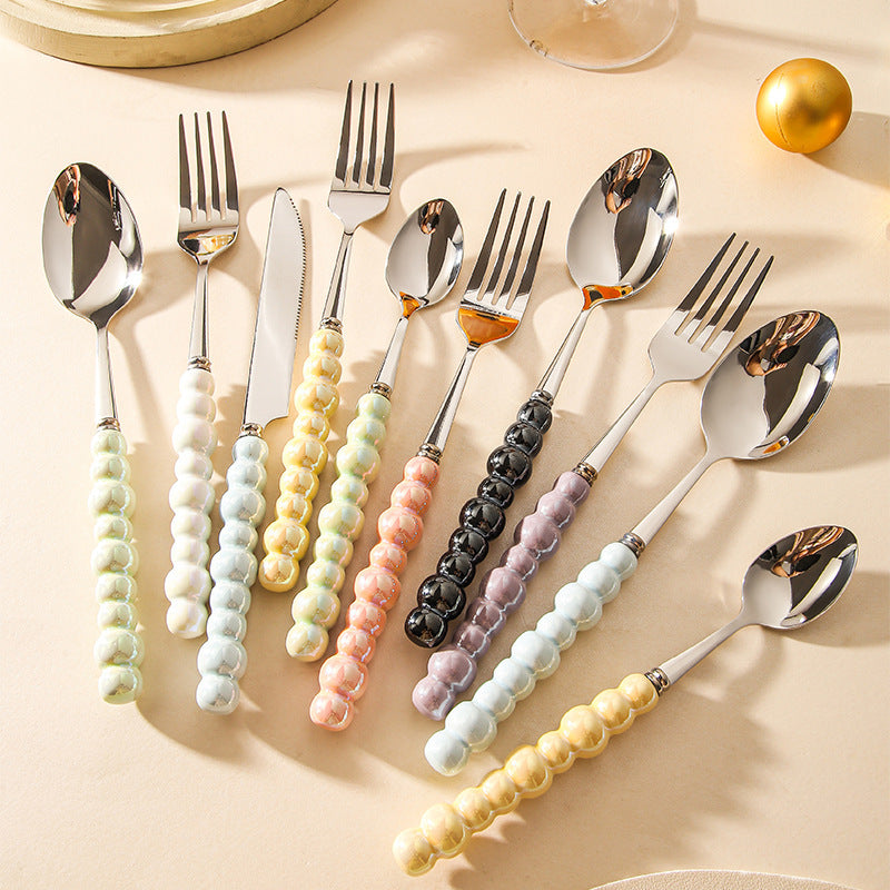 Ceramic Pearl Handle Cutlery Set - Spoon Fork Knife Household Dinnerware