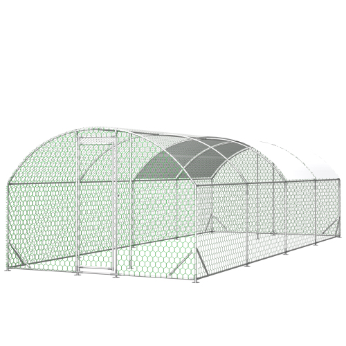 Large Metal Chicken Coop Walk-In Poultry Cage with Waterproof Cover - Silver