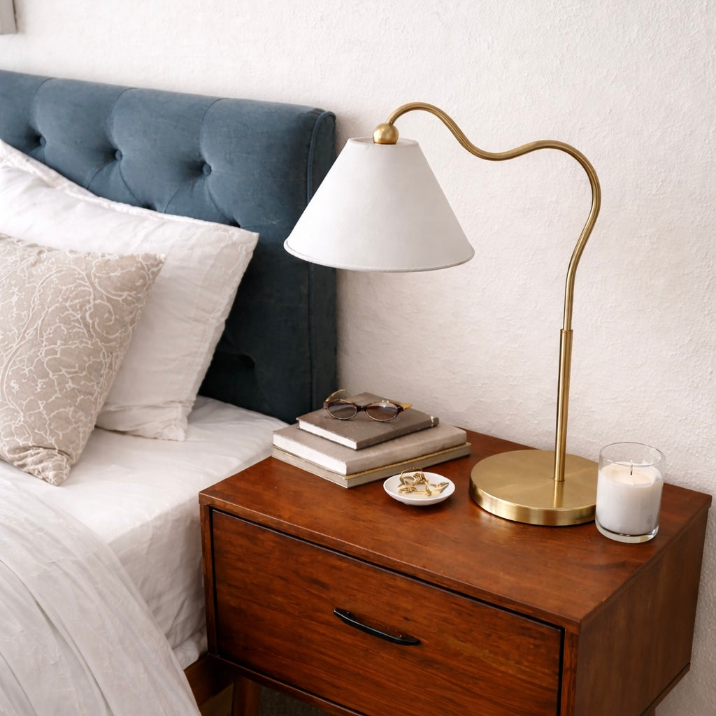 Ornate Brass Ring Base Curved Table Lamp With Triangle White Drum