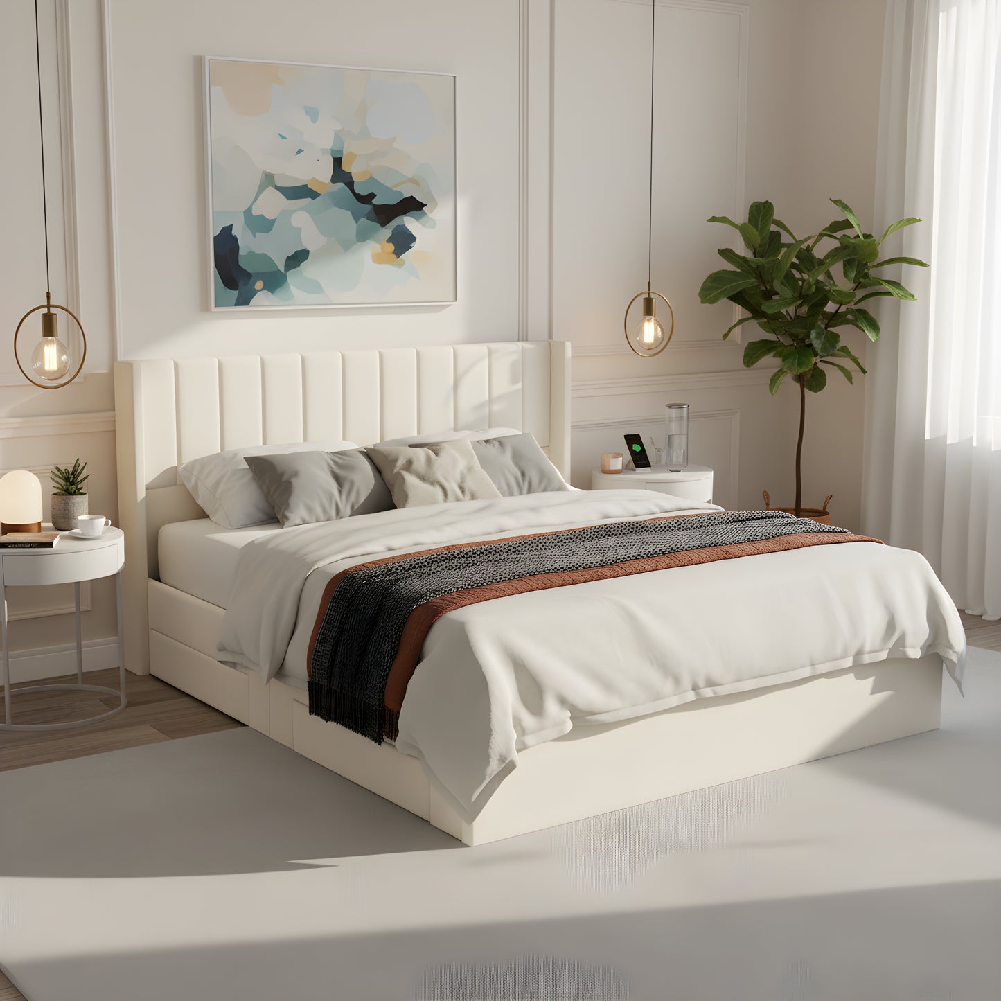 Upholstered Storage Bed with Drawers - King Size, Beige