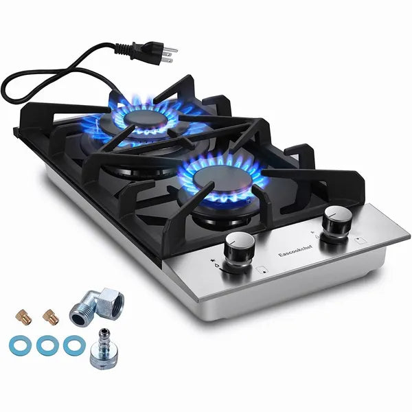 2-Burner Gas Cooktop with Tempered Glass Surface - 12 Inch Drop-In Kitchen Hob