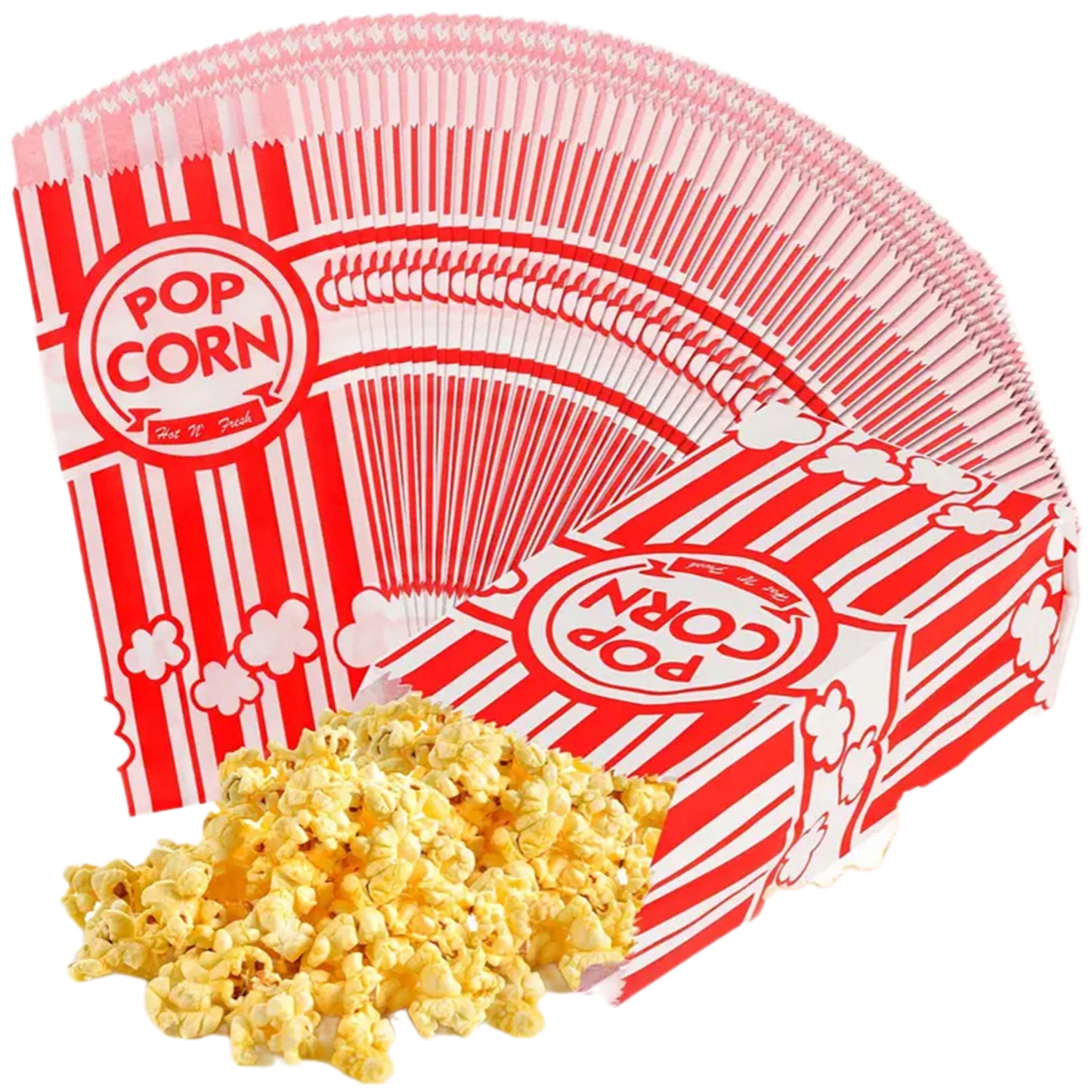 50 Pcs Red and White Striped Paper Popcorn Bags - Individual Serving Size