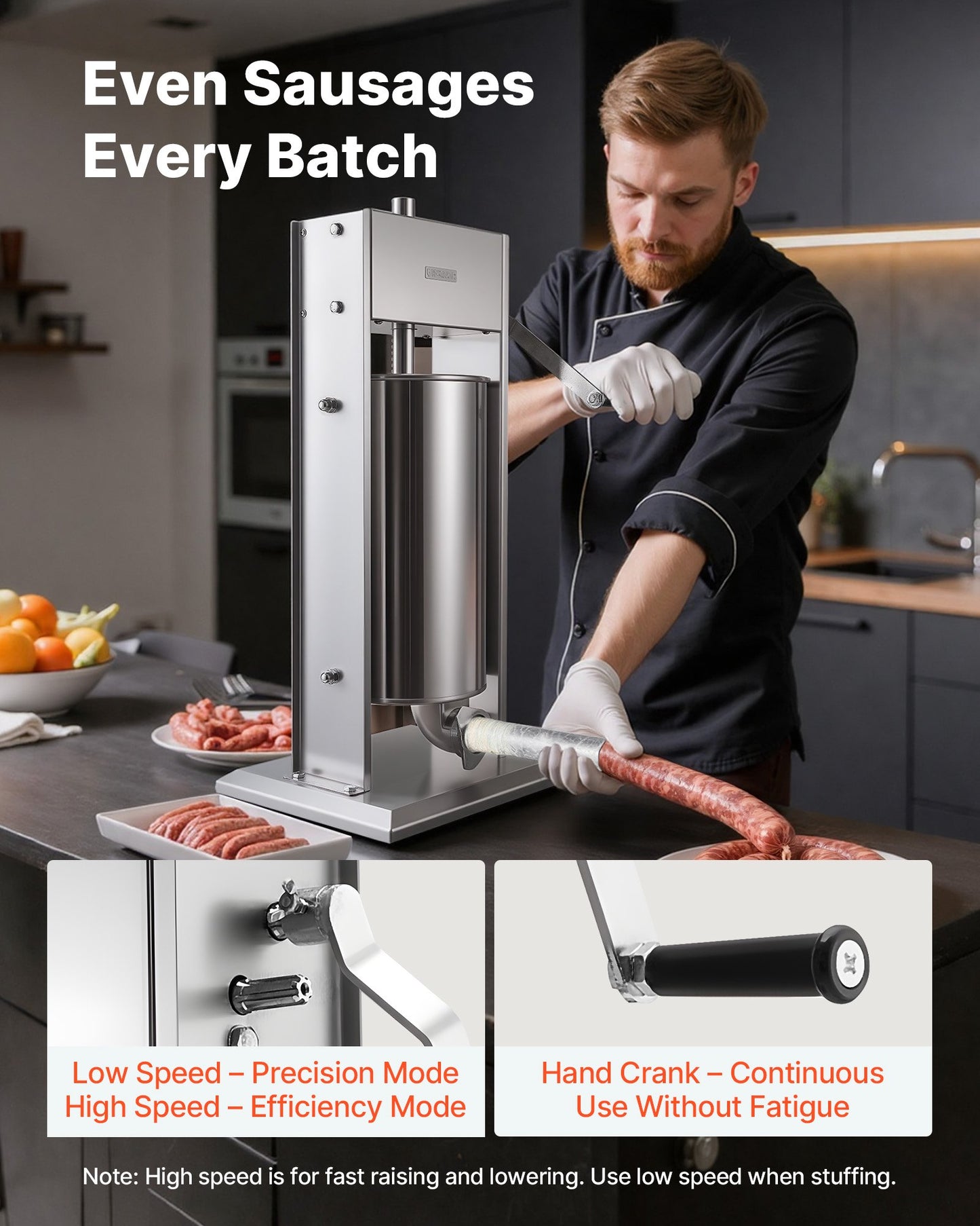 Manual Sausage Stuffer with 5 Tubes - 33 lbs Vertical Meat Filler, Heavy Duty Stainless Steel, Dual-Speed for Home & Commercial Use