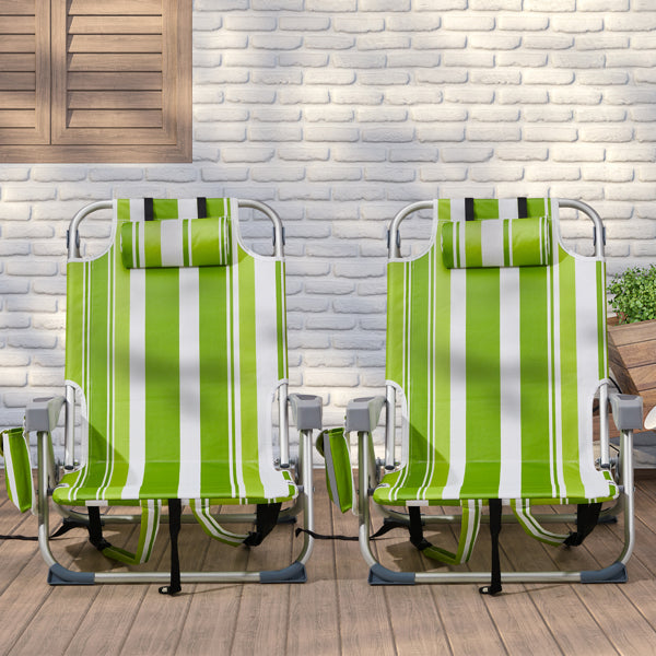 Lightweight Folding Beach Chair - Green Stripes, Adjustable Back