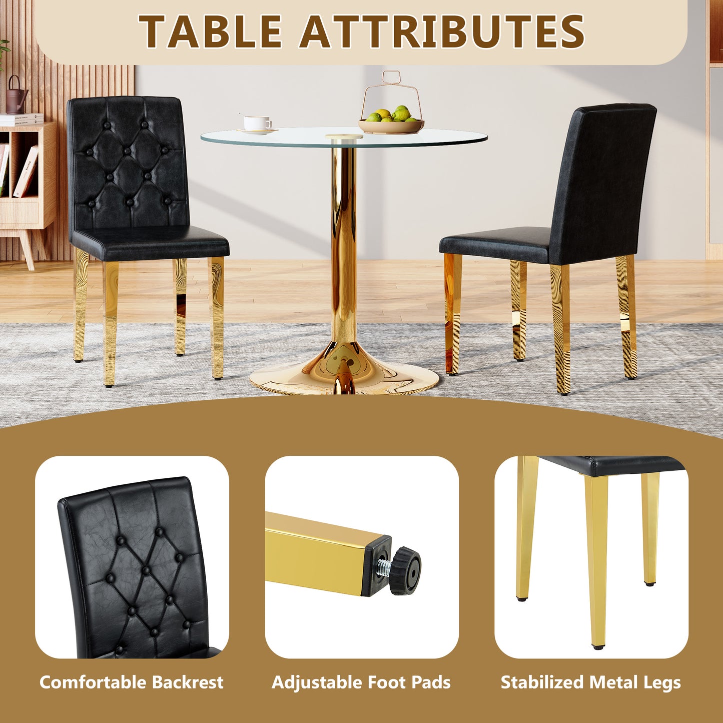 4-pack Black PU Dining Chairs Ergonomic Buckle Backrest, 35 Inches