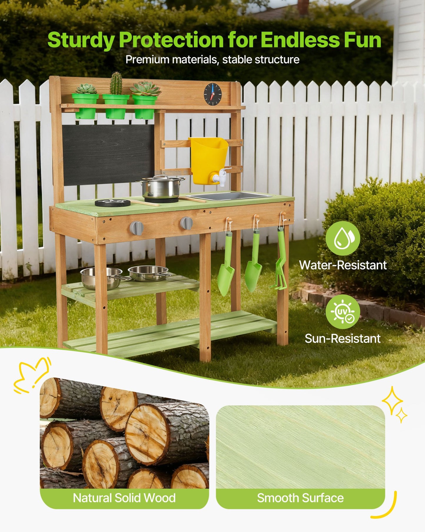 Outdoor Kids Mud Kitchen with Stoves Sink & Accessories - Wooden Play Set for Garden