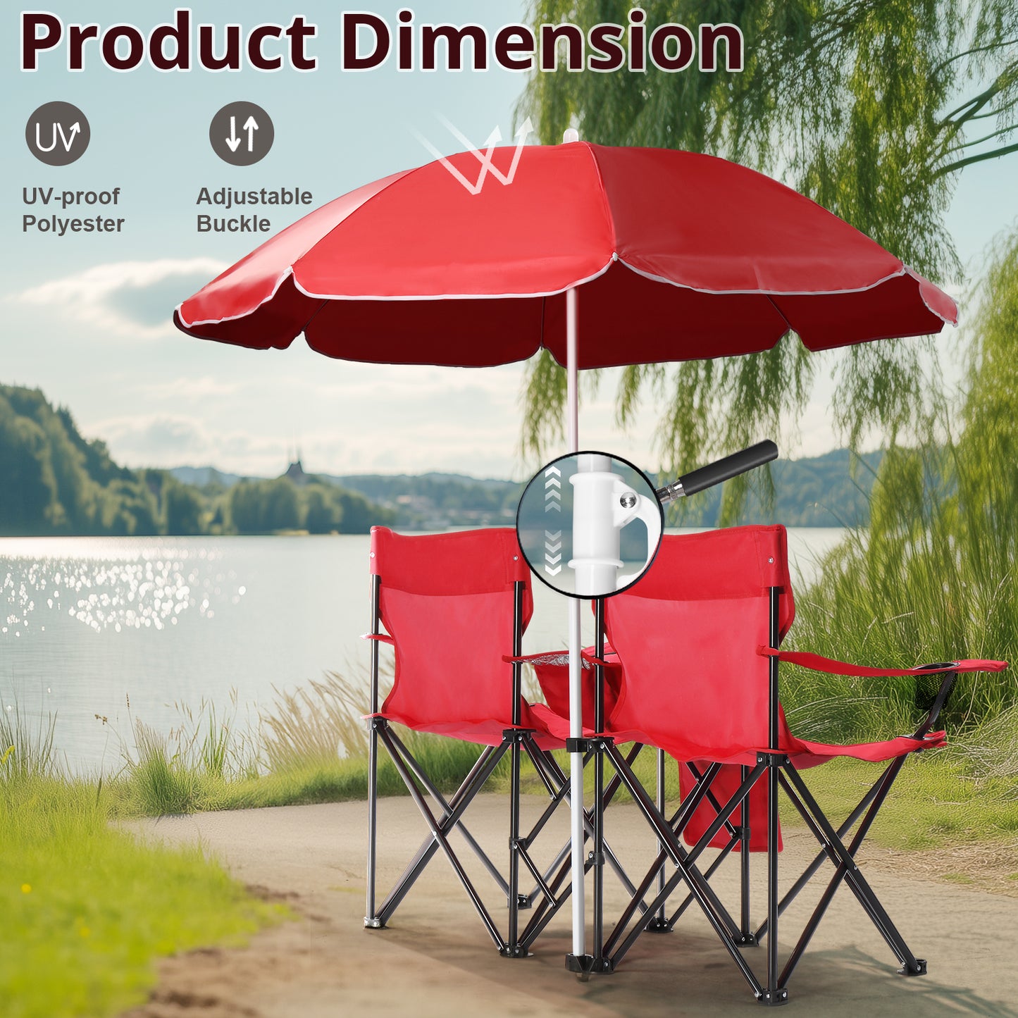 Folding Double Camping Chair with Removable Umbrella & Cup Holders - Red