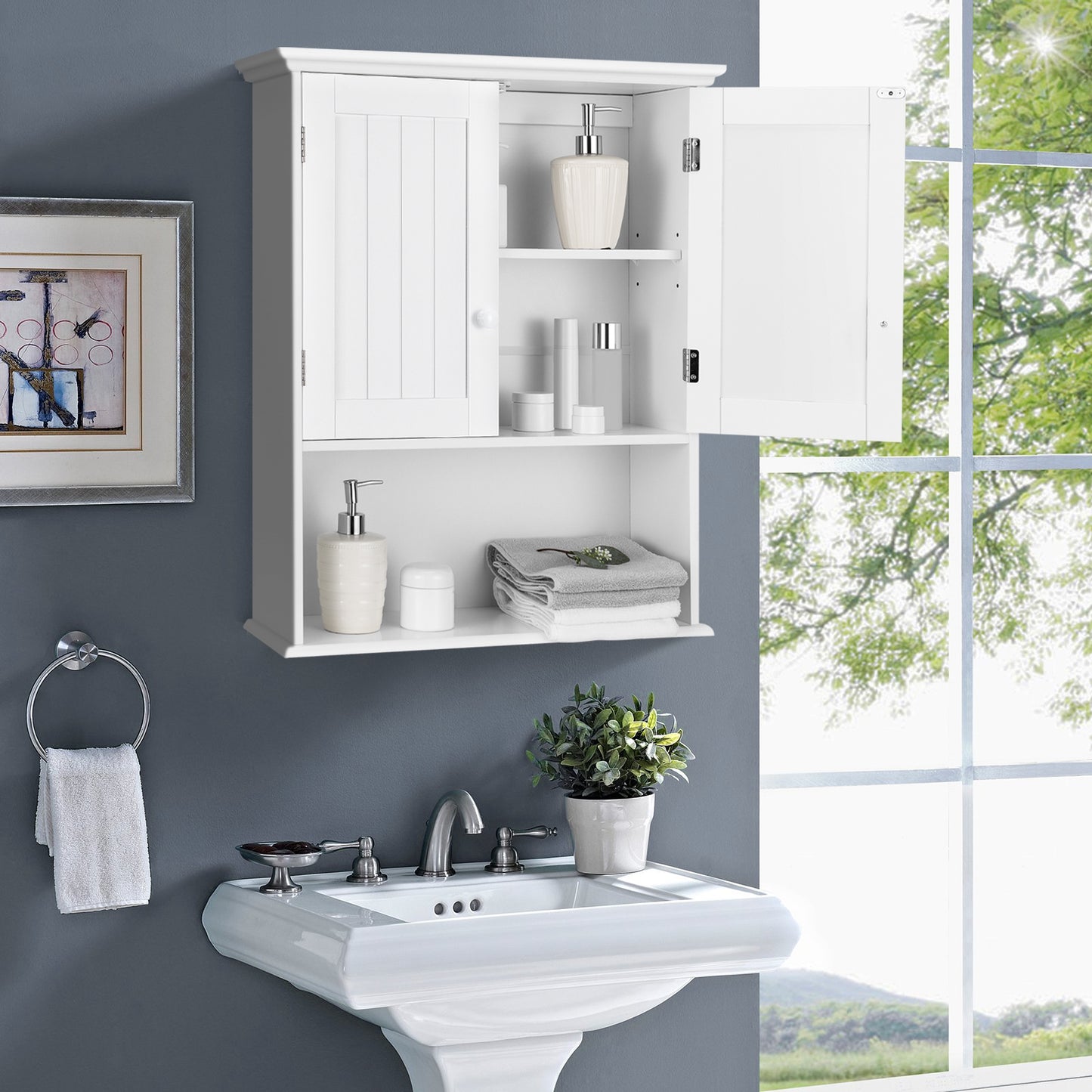 Wall-Mounted Bathroom Storage Cabinet with Open Shelf - White