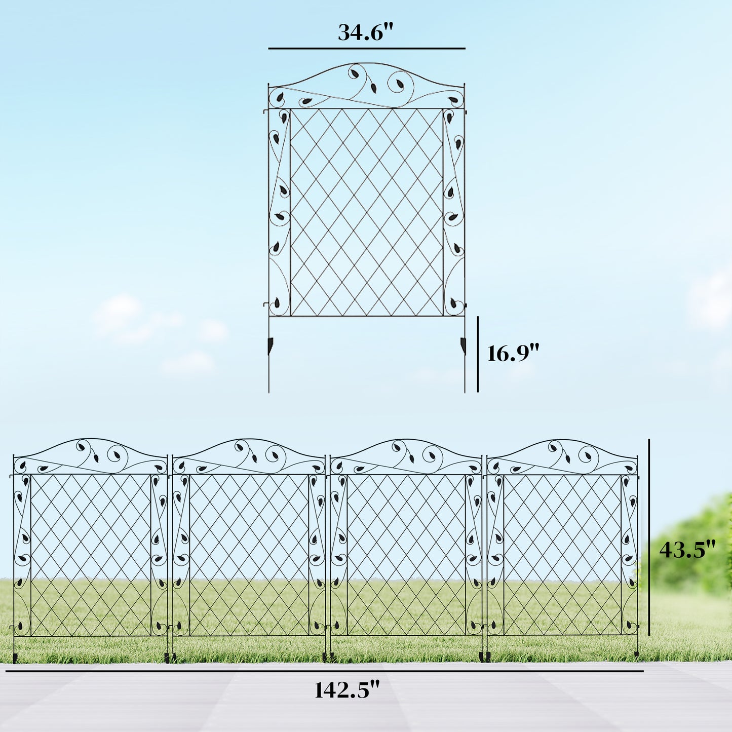 4-Pack Steel Garden Fence Panels - Rust-Resistant Edging - Black