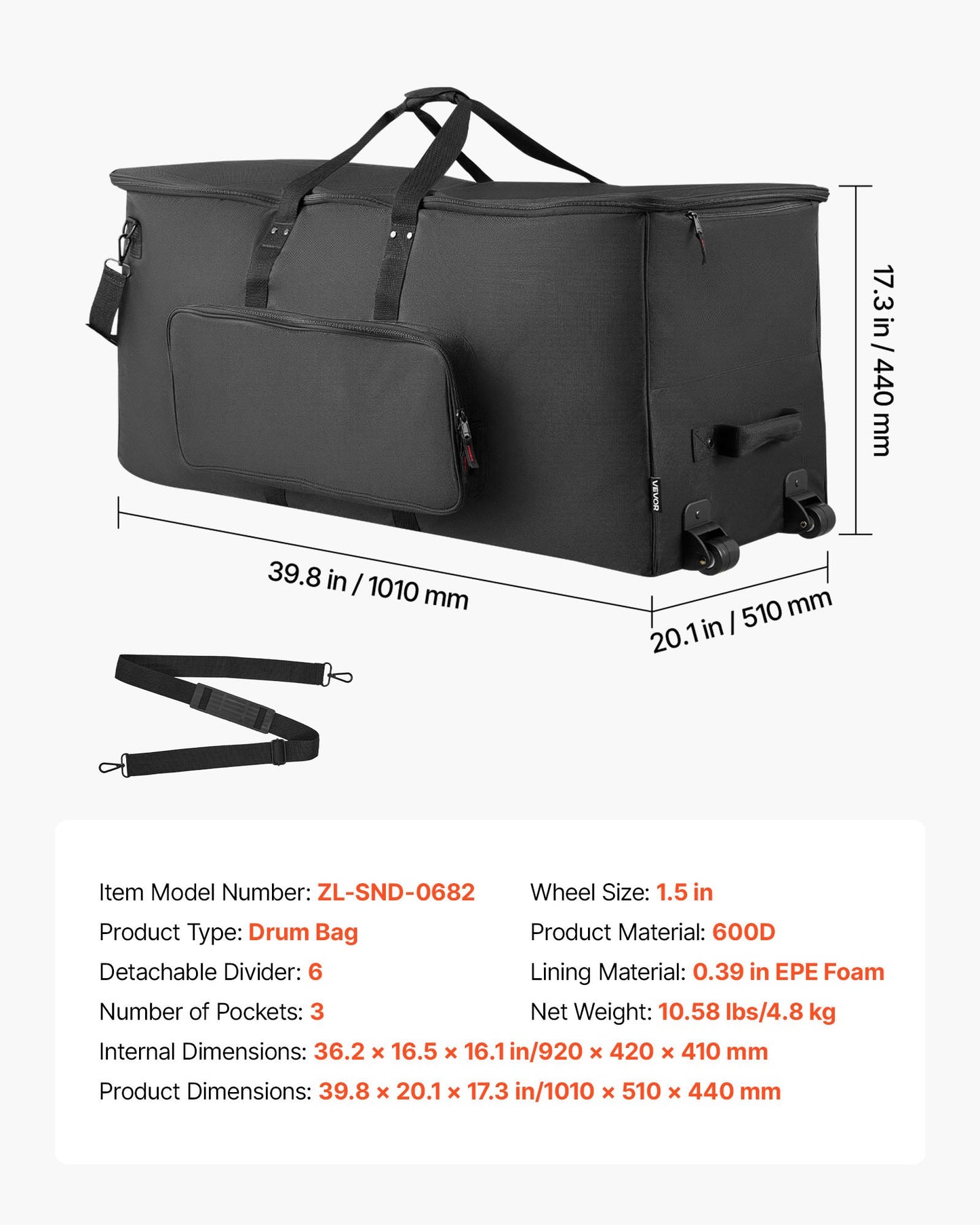Padded Electronic Drum Kit Bag with Wheels - Large Travel Case, Detachable Dividers, Multiple Pockets, Black